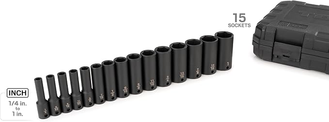 TEKTON 3/8 Inch Drive Deep 6-Point Impact Socket Set, 15-Piece (1/4-1 in.) - Case | SID91301 | (1/4 - 1 in.), Deep, 6-Point, Case