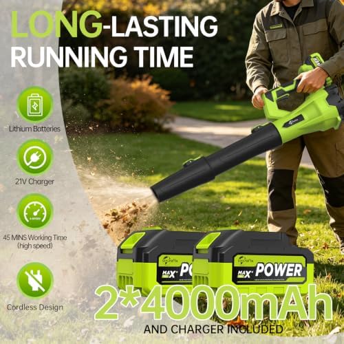 Leaf Blower Cordless, 6 Speeds, Electric Blower with 2×4.0Ah Batteries Powered & Charger, Dual Shoulder Straps & Storage Bag, Electric Blower for Lawn Care, Yard, Leaves, Dust, Snow
