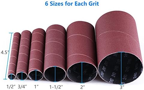 LotFancy 24PCS Spindle Sander Sleeves, Sanding Sleeves for Oscillating Sander, 60 80 120 240 Assorted Grit Sandpaper, 4-1/2” Length, 1/2”, 3/4”, 1”, 1-1/2”, 2”, 3” Diameter