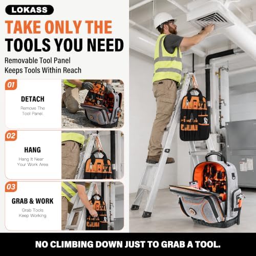 LOKASS 18.1-inch Heavy-Duty Tool Backpack, 75 Pockets, Gray
