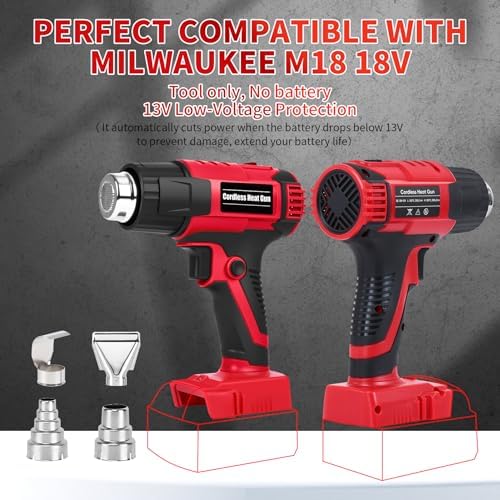 380W Cordless Heat Gun for Milwaukee M18 Battery Users – 572°F and 1022°F Dual Temp, Temp Lock, LED Light, 4 Nozzles, 4S Auto-Cool, Overheat Protection | Shrink Tubing, Vinyl Wrap, Electrical Work