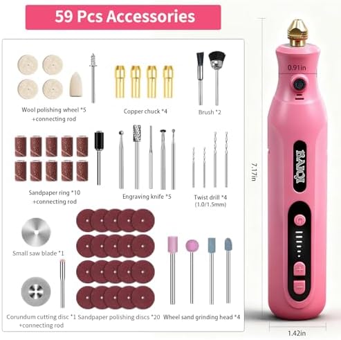 Electric Totary Cordless Tool Kit, Type-C Rechargeable 2000mAH, 6 Adjustment Speeds(5000-22000RPM), 59Pcs Accessories For DIY Crafting,SandingCarving,Sanding,Cutting (Pink-59 pcs Accessories)
