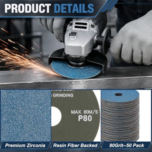 50 Pack Zirconia Resin Fiber Sanding Grinding Discs, 4.5" x 7/8” 80 Grit