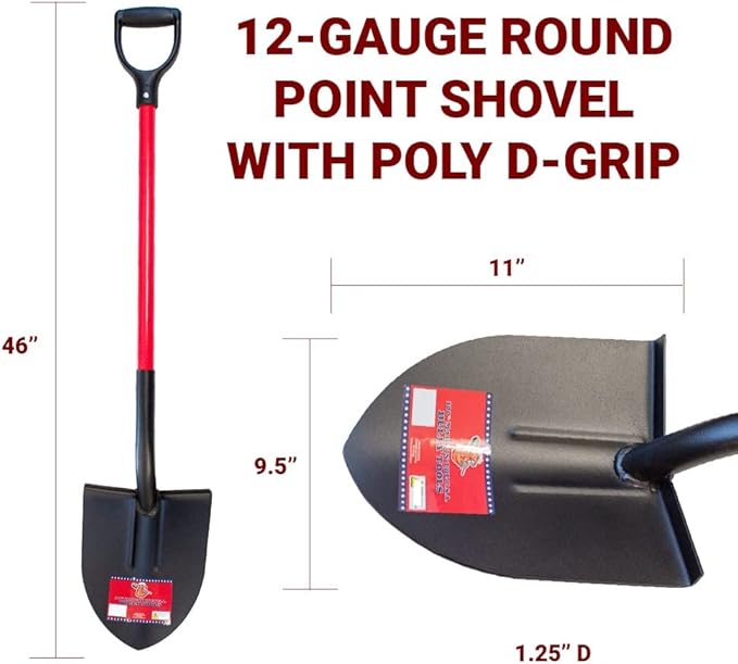 Bully Tools Round Point Heavy Duty Shovel - 12-Gauge Fiberglass D-Grip Handle, Metal Construction, Ideal for Gardening, Digging and Landscaping, Square and Flat Head Design - 100% Made in The USA