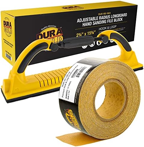 Dura-Gold Pro Series Adjustable Radius Flex Longboard Hand Sanding File Block with Hook & Loop Backing and PSA Adapter Pad & 120 Grit Sandpaper Roll, 2-3/4" Wide, 12 Yards Long
