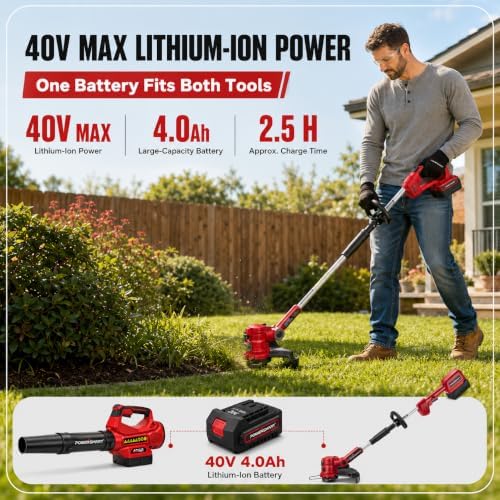 PowerSmart 40V Cordless Lawn Care Combo Kit, 13" String Trimmer & Edger and Axial Leaf Blower, Battery Powered Yard Clean-Up Set with 4.0Ah Lithium-Ion Battery and Charger Included