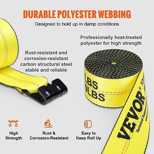 VEVOR Truck Straps, 4" x 30' Tie Down w/Flat Hooks 18,000lbs Break Strength