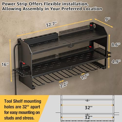 YYR Power Tool Organizer with Charging Station Wall Mount, Cordless Drill and Battery Holder for Garage Organization, Electric Tools Storage Rack Build in Surge Protection Power Strip - Black Shelf