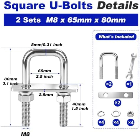 2 Pcs Heavy Duty M8 Square U Bolts Kit, 2.5 Inch Wide 304 Stainless Steel U-Bolt with Frame Plates and Washers, Marine Grade U Bolt M8 x 65mm W x 80mm L Trailer Axle Clamp