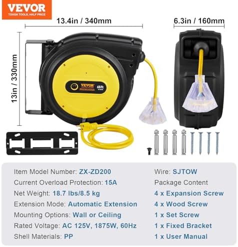 VEVOR Retractable Extension Cord Reel, 65 FT, Heavy Duty 12AWG/3C SJTOW Retractable Power Cord with Lighted Triple Tap Outlet, 15 Amp Circuit Breaker 180° Swivel Bracket for Ceiling or Wall Mount