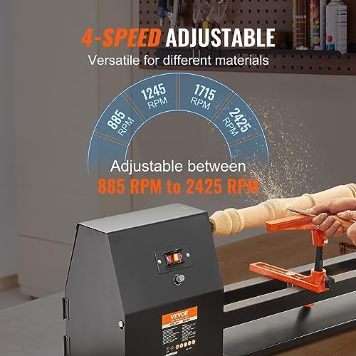 VEVOR Wood Lathe, 14 in x 40 in, 4 Speed Adjustable 885/1245/1715/2425 RPM 0.5 HP 370W Power Wood Turning Lathe Machine with Chisels Faceplate Plastic Handle Hex Wrench for Woodworking