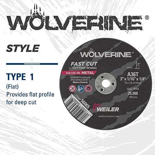 Weiler 56065 3-Inch Cutting Wheel, Wolverine AO Steel/Metal Fast Cut, Value Cutting, 1/16" A36T Type 1 1/4" Arbor (Pack of 100)