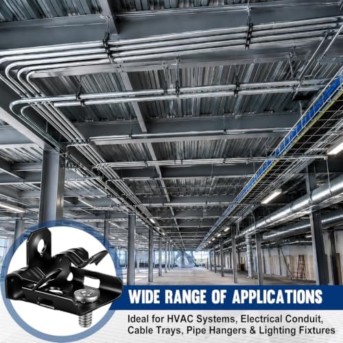 Hicarer 50 Pack Hammer-on Flange Clips with Threaded Stud for 1/8" to 1/4" Flange Beam Clamp with Hole Cable Clip Spring Steel Black E-coat Finish