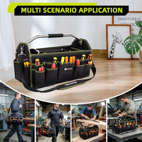 20in Foldable Open Top Tool Bags For Men Heavy Duty, Tool Carrier hard With Handle, Wide Mouth Electrician Tool Tote, Many Pockets Can Hold Many Tool, Green
