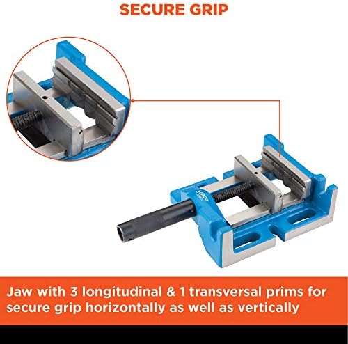 Groz Unigrip 4" 3-Way Drill Press Vise, 100mm Jaw, 3-1/2" Opening, Cast Iron with Precision-Ground Base, Side and End Faces, 4-Prism Fixed Jaw for Round Stock (35125)