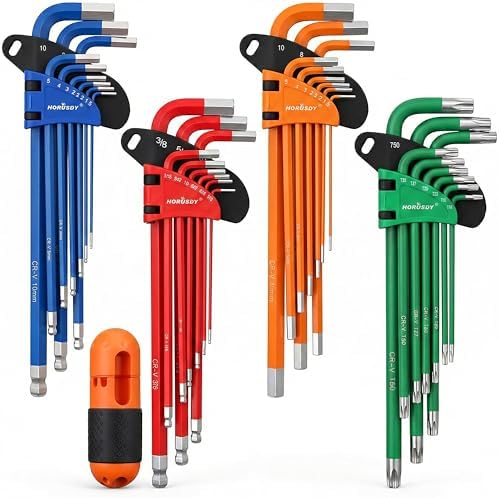 HORUSDY 37PCS Hex Key Allen Wrench Set, SAE & Metric Star Long Arm Ball End Hex Key Set, Industrial Grade Allen Wrench Set with Another Torque Handle
