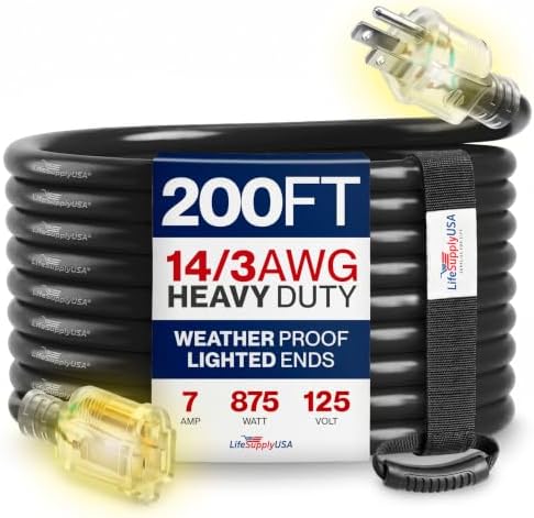 200ft Outdoor/Indoor Extension Cord 14/3 Gauge Heavy Duty 3 Prong SJTW, Waterproof, Flexible Cold-Resistant Long Power Cord,125 Amp 875W, Black by LifeSupplyUSA