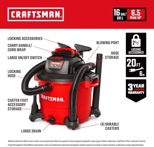 CRAFTSMAN CMXEVBE17595 16 Gallon 6.5 Peak HP Wet Dry Shop Vacuum