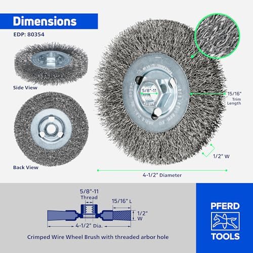 PFERD Crimped Wheel Brush, Stainless Steel Wire, 4-1/2" Diameter, 5/8-11 Thread, 0.014 Wire Size, 15/16" Trim Length, 1/2" Face Width, 12500 max RPM - Part 80354
