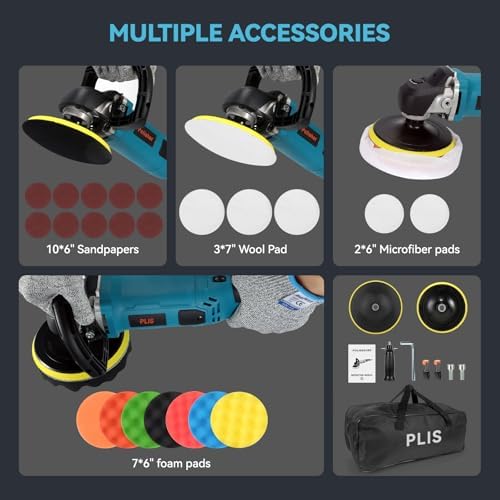 Buffer Polisher,Car Polisher Kit, 6 Inch/7 Inch 1300W 6 Variable Speed 600-3000 RPM, for Car Polishing, Buffing, Waxing