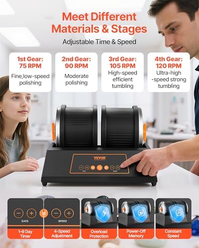 VEVOR Rock Tumbler Kit, 8 lbs Rock Polishing Kit, 4 Speed Settings 9-Day Polishing Timer Stone Polishing Kit, Double Barrel Rock Polisher with Adapter, Rock Polisher for Adults and Kids