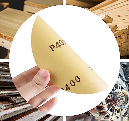 CowboyBOB 100 PCS 6 Inch Gold PSA Sanding Discs 400 Grit Self Adhesive Sticky-Back Sandpaper for DA Sander Finishing Abrasive Sand Paper Woodworking Wood Metal Sanding Disc Roll