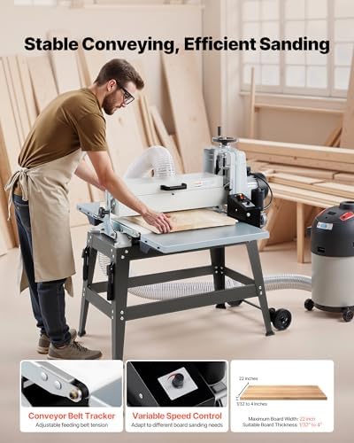 VEVOR 22" Drum Sander with Stand & Extension Tables, 1.75HP 1440RPM Dual Motor Drum Sander for Woodworking - Variable Speed Conveyor Belt, 4" Dust Collection Port for Cabinet & Furniture Finishing