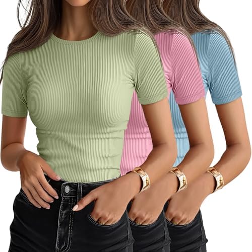 Ficerd 3 Pack Women's Ribbed Short Sleeve T-Shirts