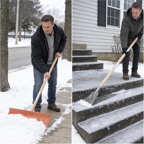 Snow Pusher and Ice Scraper, 22" Snow Shovel Plow 6" Flat Shovel with Adjustable Long Wooden Handle for Blacktop, Decks, Outdoor driveways
