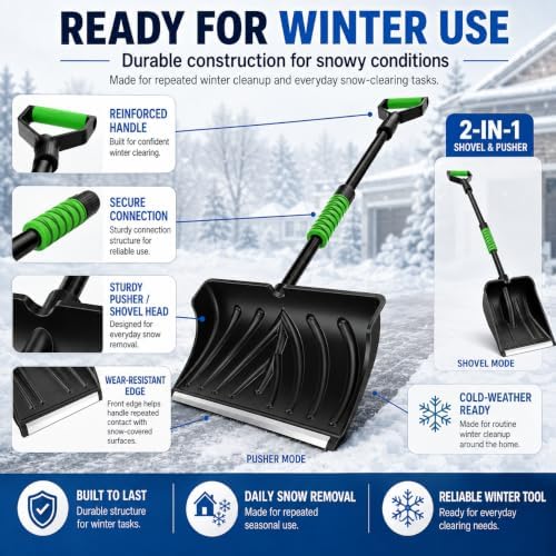 DMJN 2-in-1 Snow Pusher & Snow Shovel for Driveways and Sidewalks, Wide Snow Removal Shovel for Fast Clearing, Push and Scoop Snow Tool for Steps, Walkways, Garage and Outdoor Winter Use