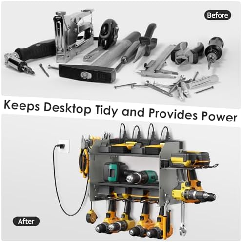 CCCEI Modular Power Tool Organizer Wall Mount Charging Station, Grey 6 Drills Holder with 8 Plug Power Strip 10FT, Garage Drill Battery Heavy Duty Metal Shelf, Utility Rack with Hooks, Side Storage.