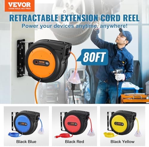 VEVOR Retractable Extension Cord Reel, 80 FT, Heavy Duty 12AWG/3C SJTOW Retractable Power Cord with Lighted Triple Tap Outlet, 15 Amp Circuit Breaker 180° Swivel Bracket for Ceiling or Wall Mount