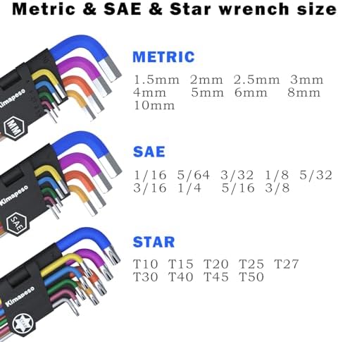 27 PCS Allen Key Set Torx SAE Metric Allen Wrenches Set Long Arm Ball End Hex Key Wrench Sets with T-Handle L-Hex Key Set Metric 1.5 to 10mm SAE 1/16 to 3/8″ Torx T10 to T50