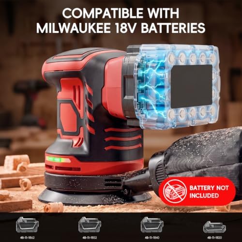 Cordless Brushless 5-Inch Random Orbital Sander Compatible with Milwaukee 18V Battery(Tool Only, No Battery Included) Brushless Sander with 6 Speeds, Dust Collection & 20 Sanding Discs for Woodworking