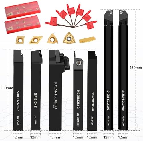 Indexable Lathe Turning Tool 21Pcs Kit 1/2'' 12mm Shank 7Pcs Carbide Turning Tool Holders with 14Pcs Tin Coated Turning Inserts Metal Lathe Tool Holder Set for Turning Grooving Threading Boring