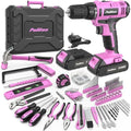 PULITUO Power Drill Tool Kit with 20V Cordless Drill/Driver, Electric Screwdriver, 2 Batteries & Charger, LED Light, 199-Piece Pink Home DIY Tool Set with Toolbox, Drill Set for Women & Men (Pink)