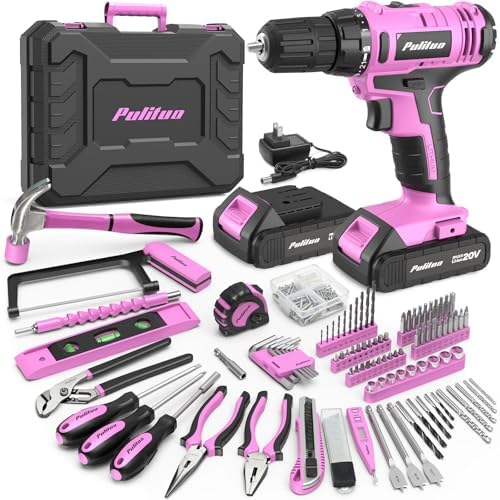 PULITUO Power Drill Tool Kit with 20V Cordless Drill/Driver, Electric Screwdriver, 2 Batteries & Charger, LED Light, 199-Piece Pink Home DIY Tool Set with Toolbox, Drill Set for Women & Men (Pink)