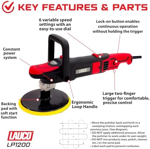 LAUCO Rotary Polisher 1200W with 6-Inch Backing Pad, 6-Speed Variable Control, High Torque Professional Polishing Machine for Car Detailing, Paint Correction, Buffing, Waxing & Finishing LP1200
