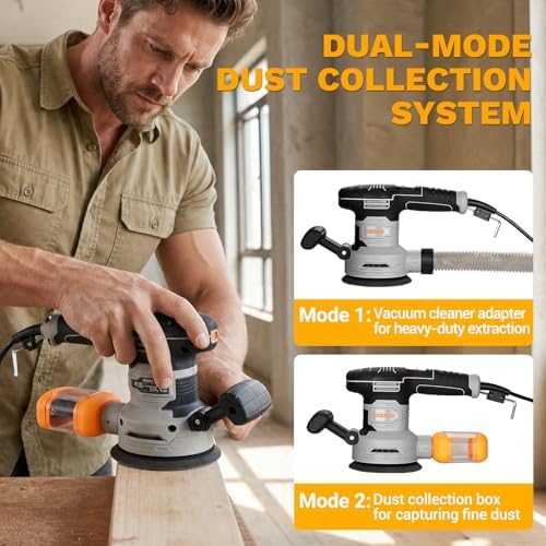 Random Orbital Sander: DEKOPRO 4.5A Corded Electric Sander Palm Sanders, 6 Various Speeds Hand Sander with Replaceable Sander Pad, Dust Box, 31Pcs Sandpapers for Woodworking & Sanding