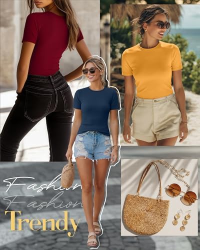 Ficerd 3 Pack Women's Ribbed Short Sleeve T-Shirts