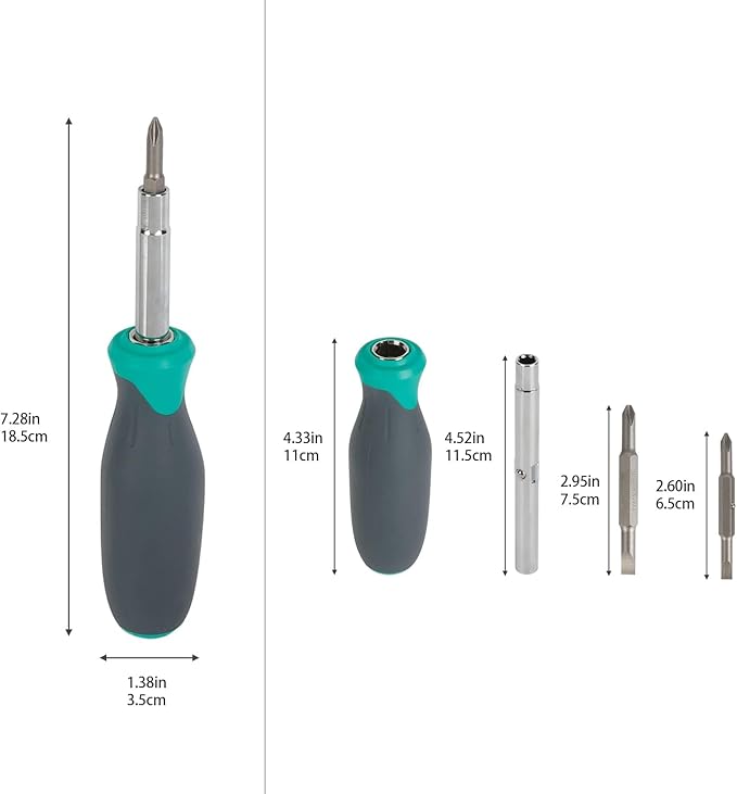Amazon Basics 6-in-1 Multi-Bit Screwdriver and Nut Driver Tool with Cushion Grip Handle, Slotted and Phillips Bits, Multicolor