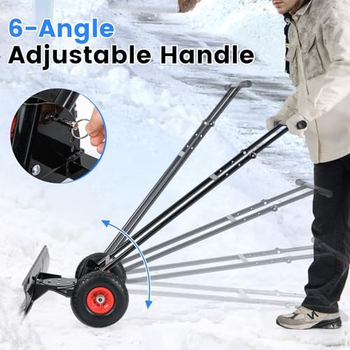 DORTALA Snow Shovel with Wheels, 36” Wide Heavy-Duty Metal Snow Pusher with 7-Position Angled Blade, Adjustable Height Anti-Slip Handle for Double Driveway, Sidewalk, Black