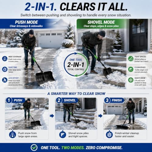 DMJN [2026 Upgraded] 2-in-1 Snow Pusher & Snow Shovel, 53" Aluminum Snow Removal Tool with 20" Wide Pusher & 10" Shovel for Driveways, Sidewalks, Steps and Walkways