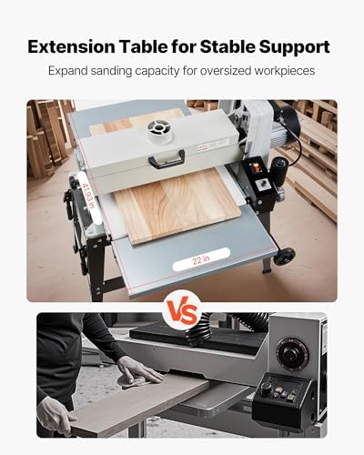 VEVOR 22" Drum Sander with Stand & Extension Tables, 1.75HP 1440RPM Dual Motor Drum Sander for Woodworking - Variable Speed Conveyor Belt, 4" Dust Collection Port for Cabinet & Furniture Finishing