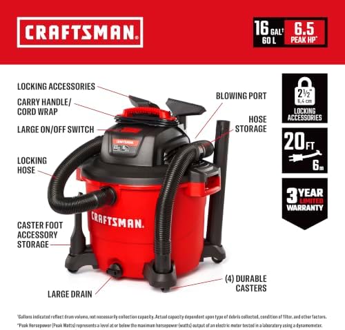 CRAFTSMAN CMXEVBE18695 16 Gallon 6.5 Peak HP Wet Dry Shop Vacuum
