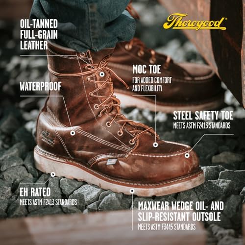 Thorogood American Heritage 8” Steel Toe Work Boots for Men - Full-Grain Leather with Moc Toe, Slip-Resistant Wedge Outsole, and Comfort Insole; EH Rated