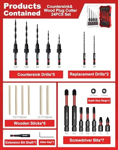 EZARC Countersink Drill Bit Set, 24PCS Tapered Bits with Wooden Sticks