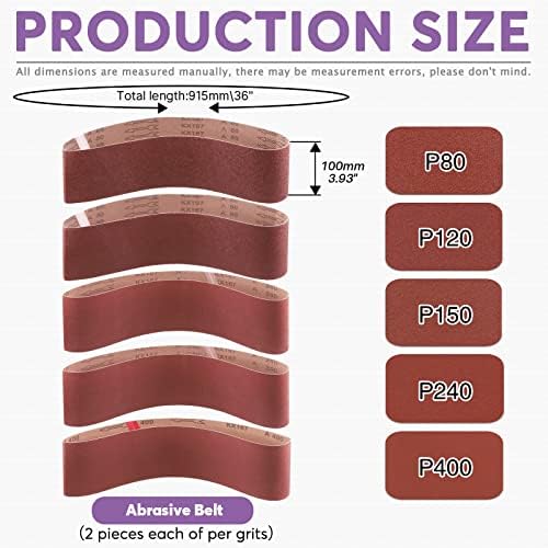 Swpeet 23Pcs 4 x 36 Inch Aluminum Oxide Sanding Belts (80/120/150/240/400 Grits) with 6 Inch No-hole Back Flocking Sanding Disc (80/100/120/180/240/400 Grits) and Cleaning Eraser