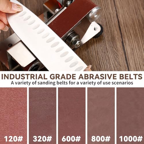 3-in-1 Mini Belt Sander with 20 Sanding Belts, 15° Angle Knife Sharpener and Variable Speed Grinder for Woodworking, Metal Polishing, DIY and Jewelry Making