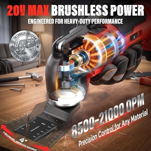 Cordless Oscillating Tool 20V Battery Powered Oscillating Multitool with 4° Oscillation Angle, 2 * 4.0A Batteries, 8,500-21,000 OPM, 6 Variable Speed Oscillating Saw for Sanding/Cutting & Scraping